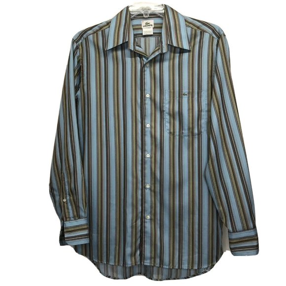 Lacoste Button Front L Blue Striped Long Sleeve - Picture 1 of 8